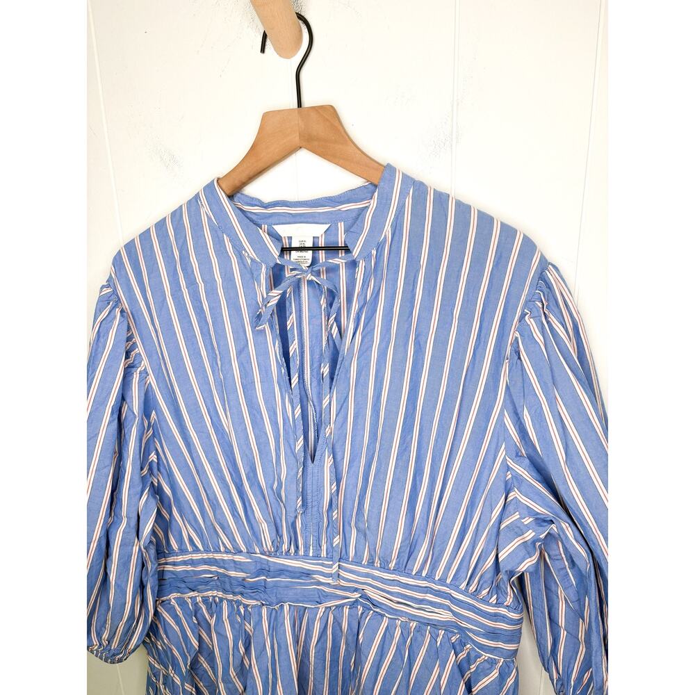 H&M Blue Stripe Bubble Dress XL Balloon Sleeve Tie Front Cottagecore Peasant - Picture 3 of 7
